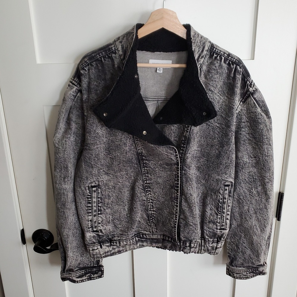 Y2K Something Navy Womens L-XL Black Denim Jacket Sherpa Collar AcidWash Trucker